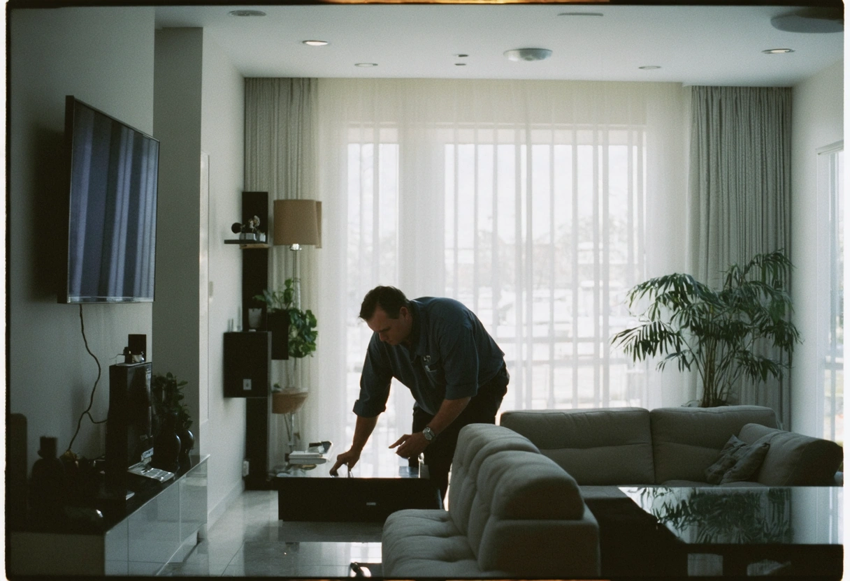 Locksmith conducting security check-up in modern home living room.