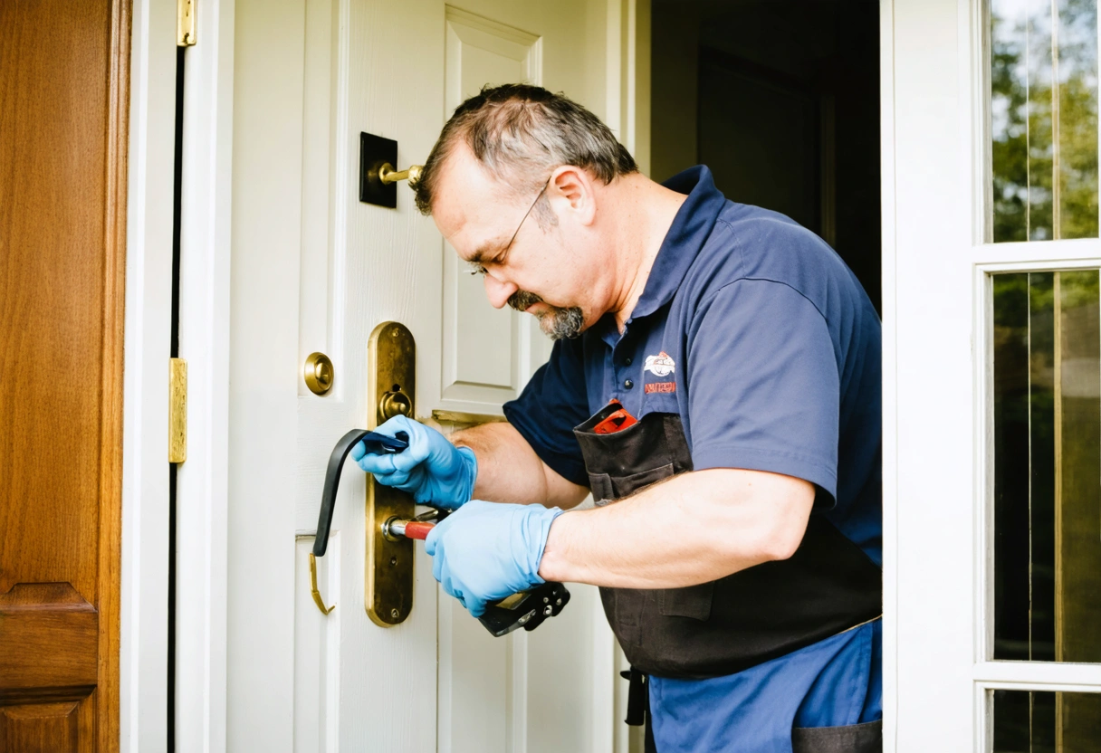 Locksmith working on suburban home door lock with specialized tools.