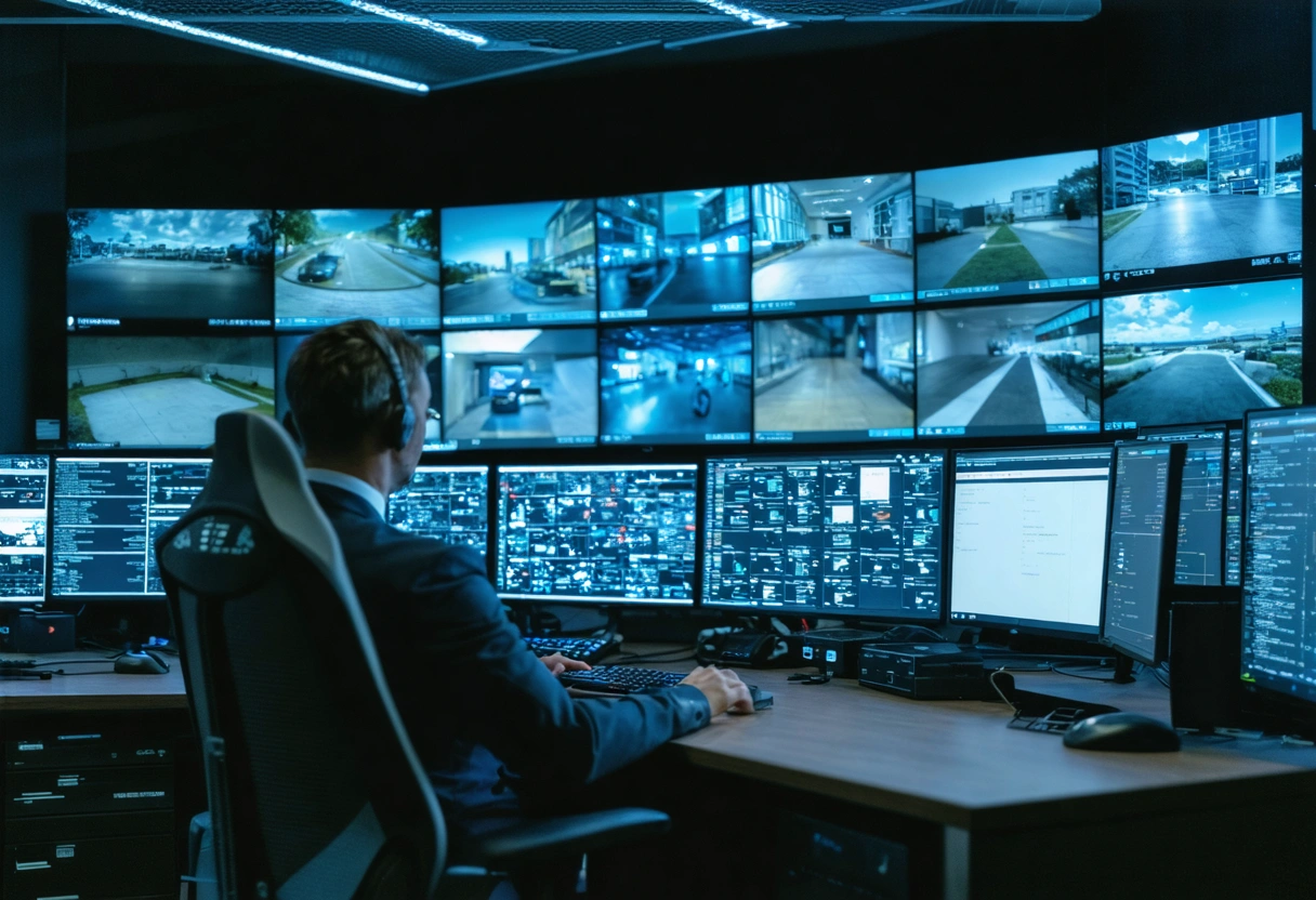 A security control room with monitors displaying smart lock access logs and surveillance feeds. Dim