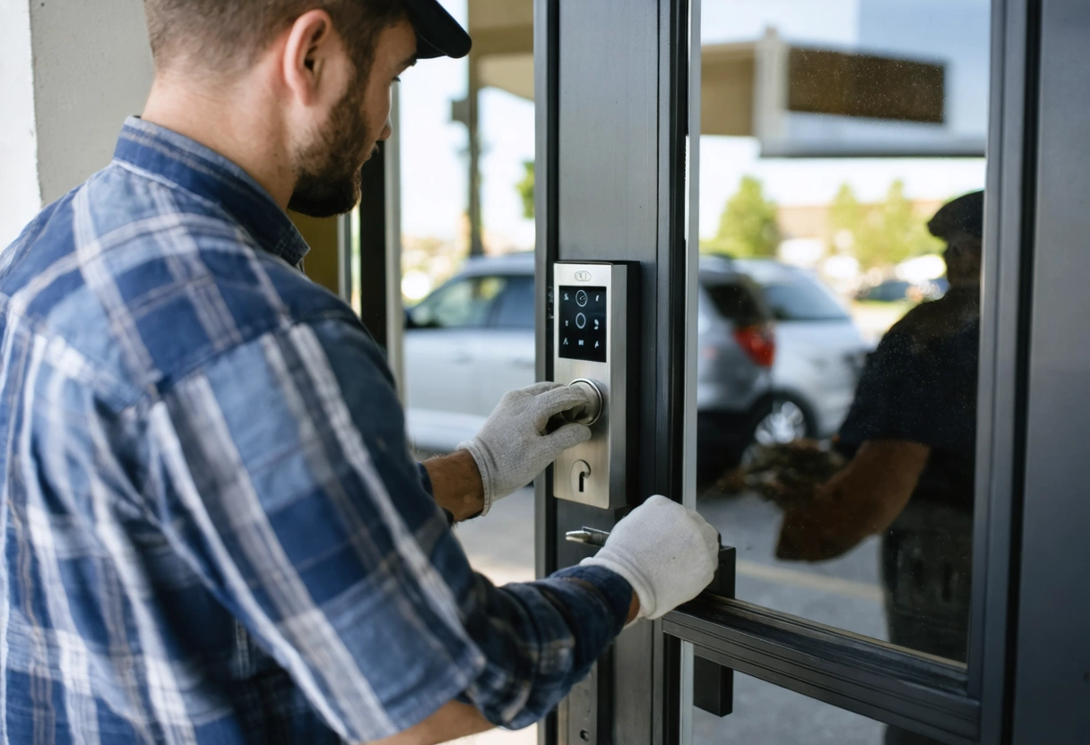 A small business in Englewood upgrading to smart locks. Technicians installing a smart lock on