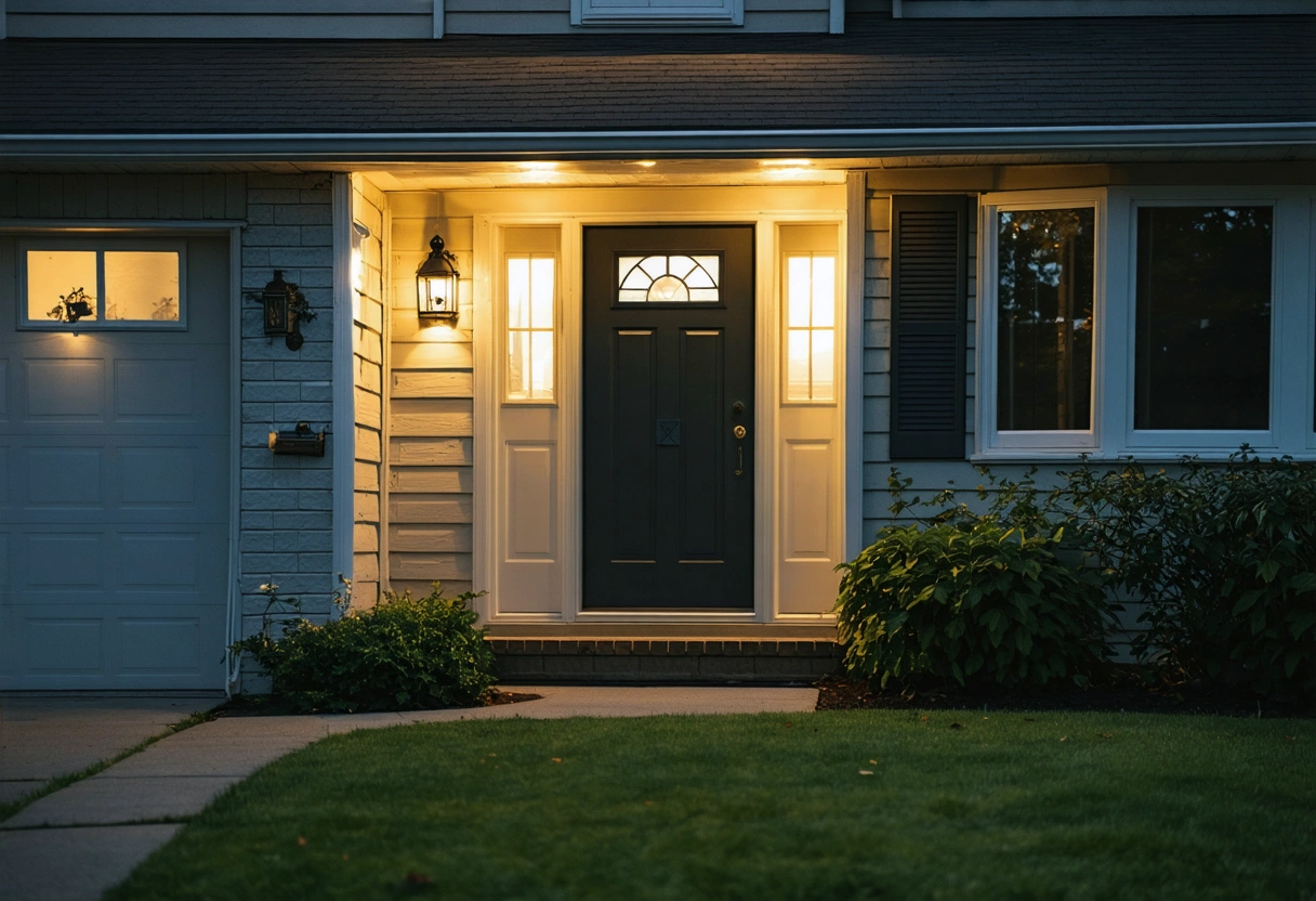 A suburban home exterior with a focus on a door with a visible door closer.