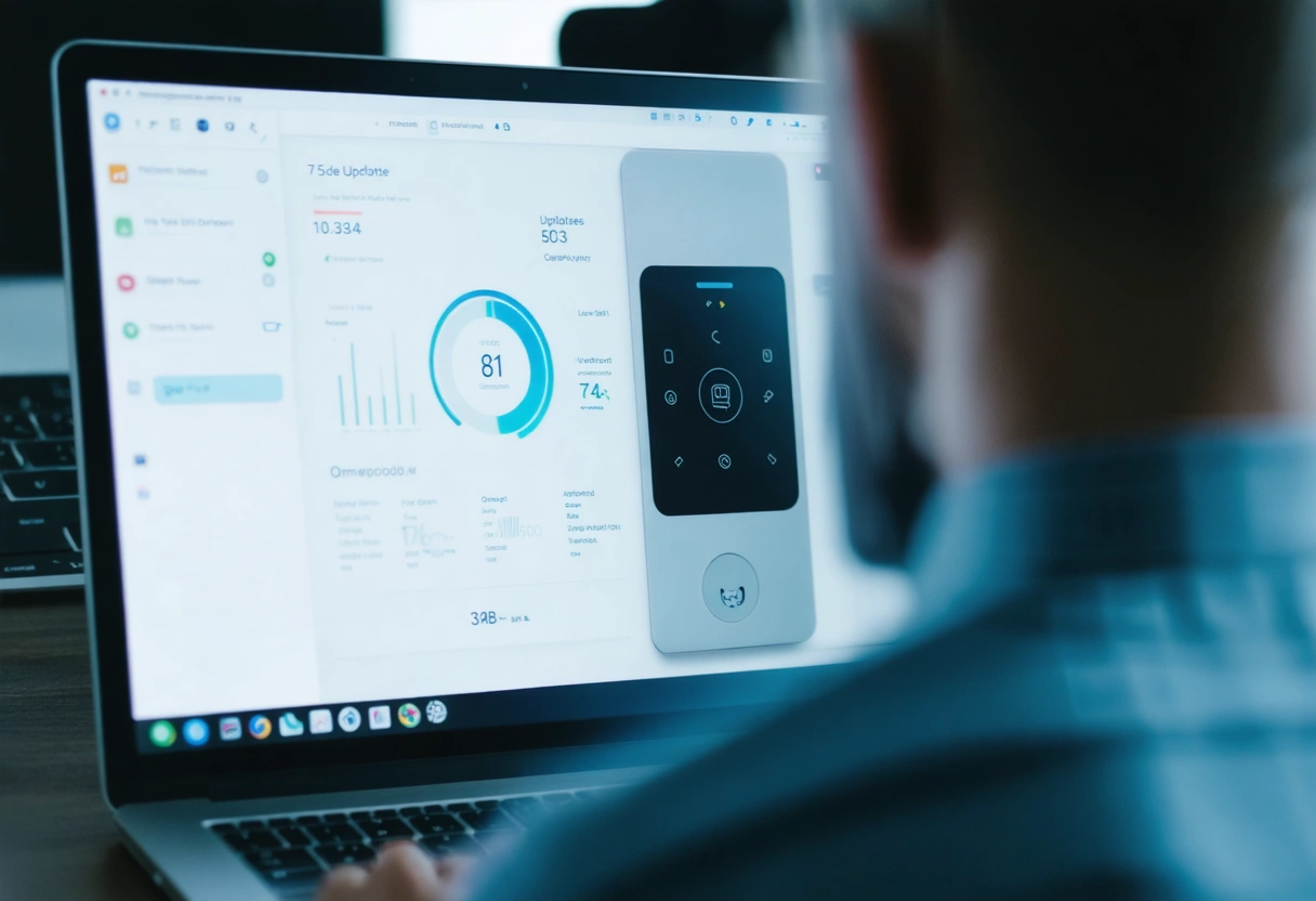 A technician updating software on a smart lock system in an office setting. Close-up of