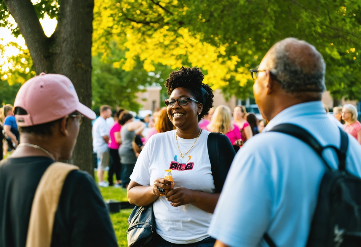 A vibrant Englewood community event in a park, with neighbors chatting and sharing safety tips.