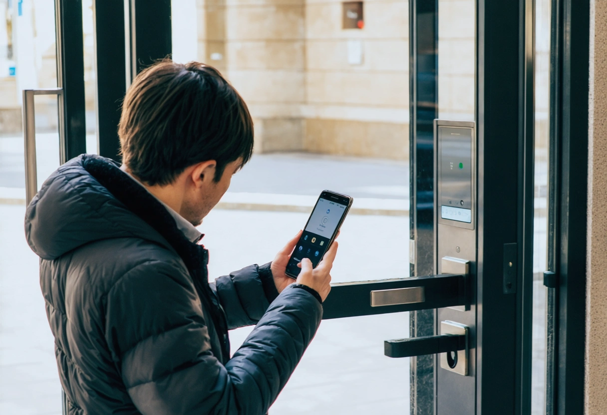 An employee using a smartphone to unlock a smart lock at a commercial building entrance.