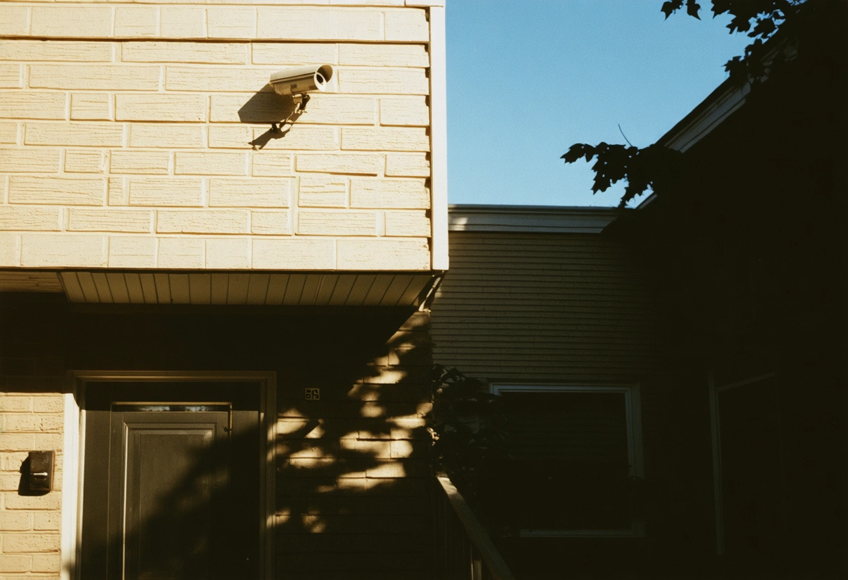 An Englewood apartment with a visible security camera above the entrance. The camera's lens glints