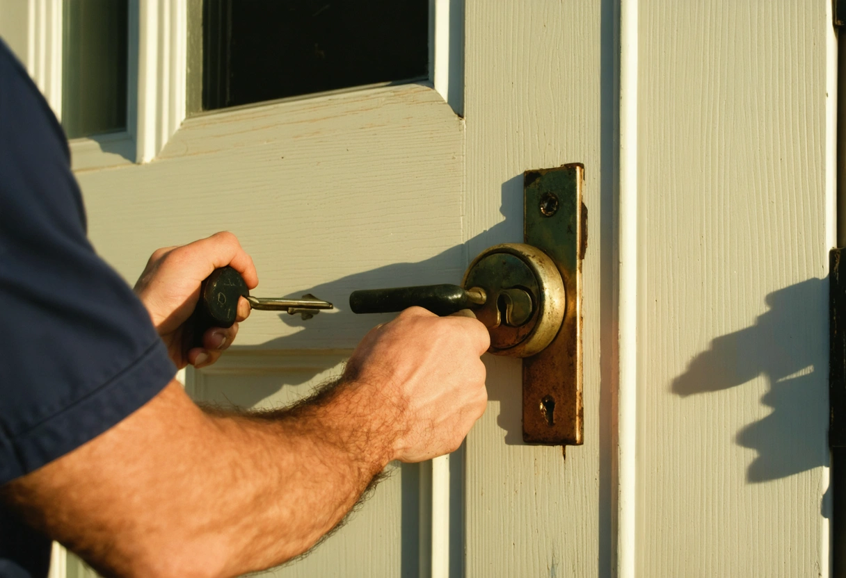 Locksmith inspecting rusted locks at Englewood coastal home entrance.