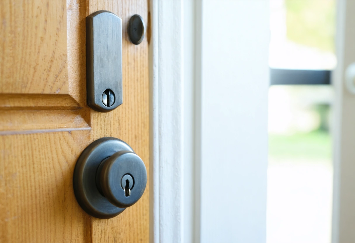 Close-up of a high-quality deadbolt lock on a wooden door in an Englewood rental. Bright