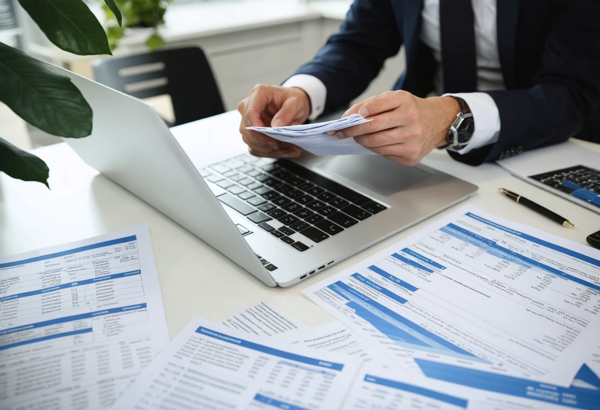 Business manager reviewing insurance policies on laptop in office