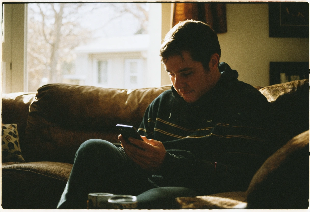 A customer verifying locksmith credentials on a smartphone, sitting in a cozy living room. Natural