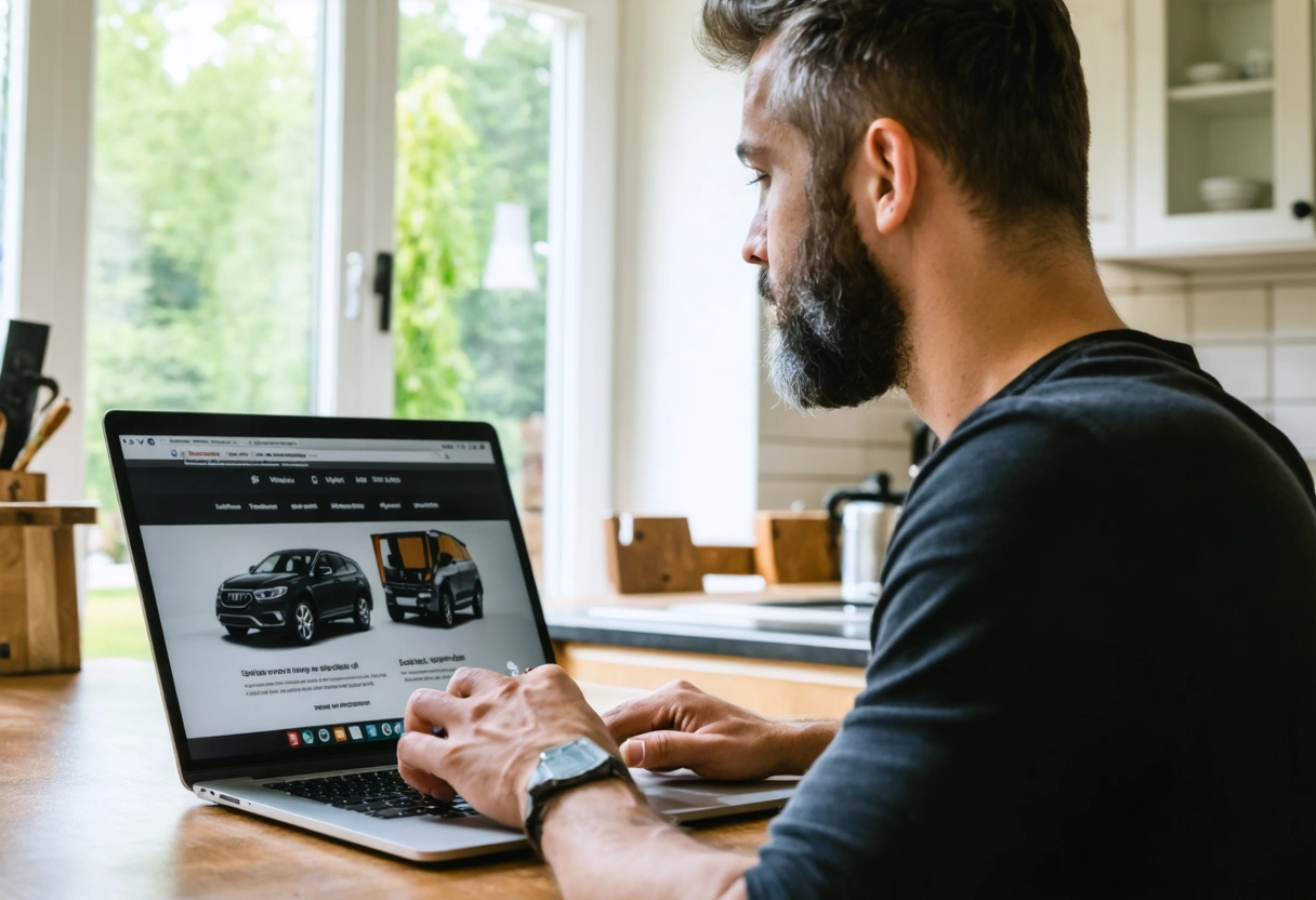A homeowner researching locksmith services on a laptop at a kitchen table. Bright daylight, focus