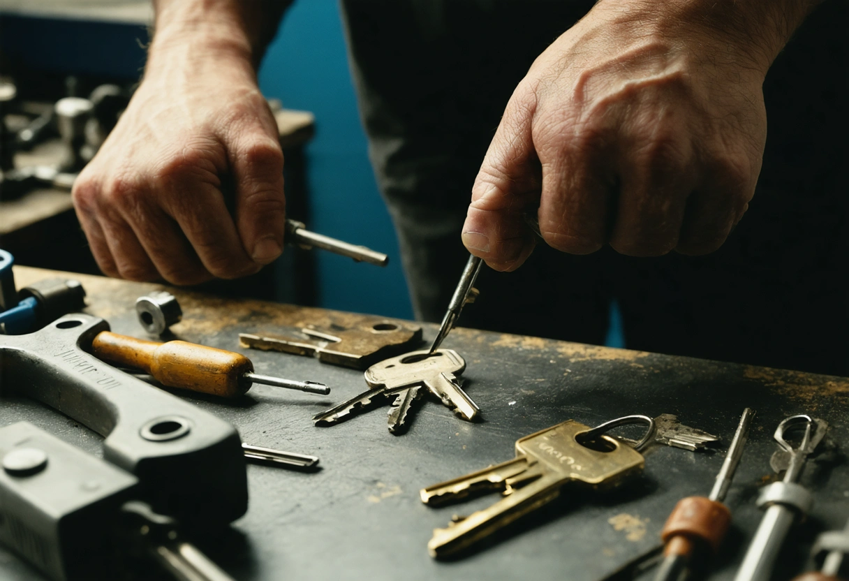 A locksmith demonstrating key duplication in a workshop. Close-up shot, tools and keys in focus,