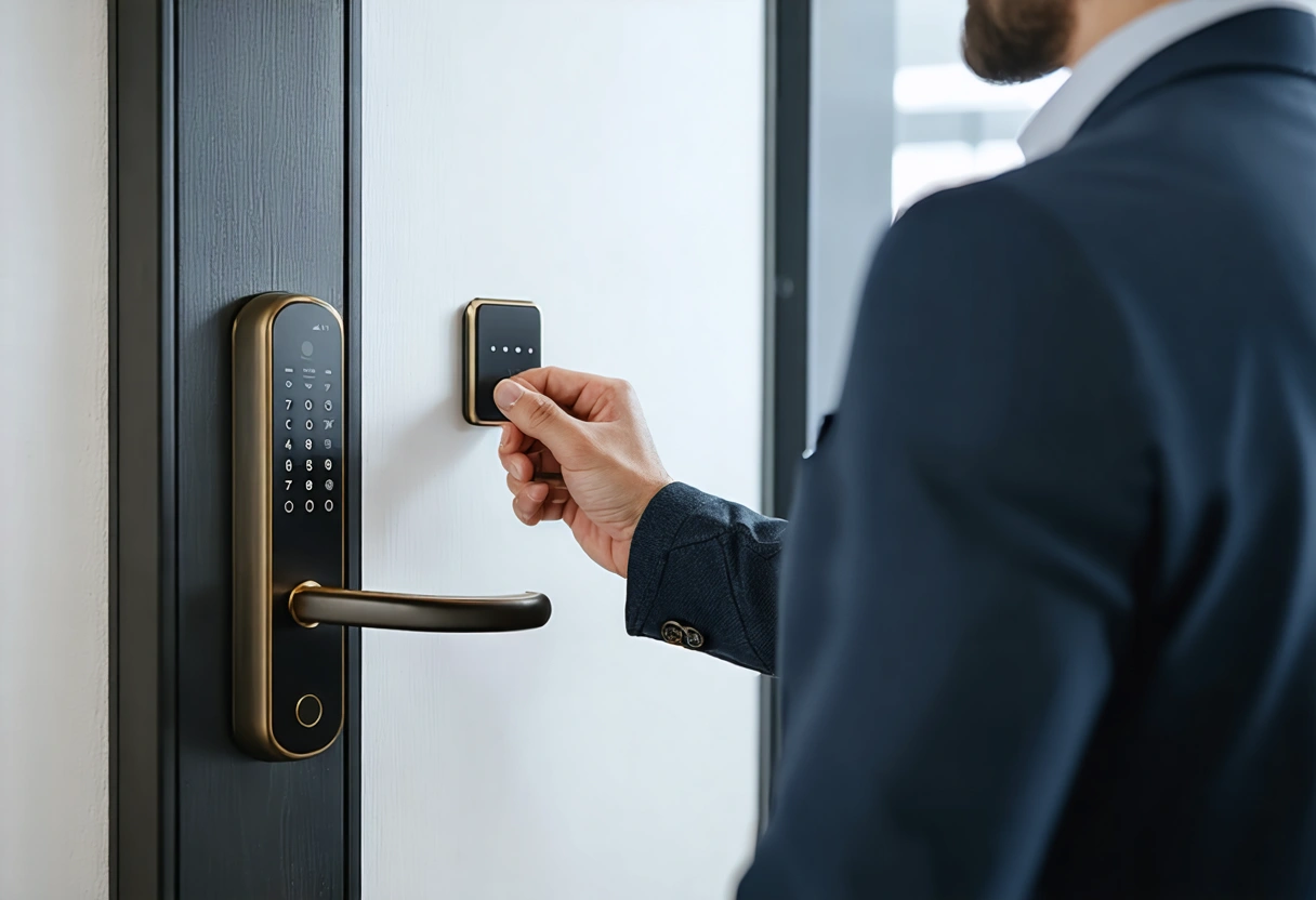 Locksmith installing smart lock for business owner in office setting