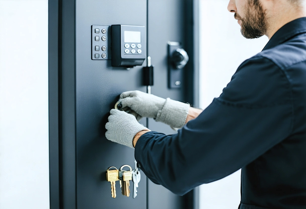 A locksmith installing a high-tech security system in a modern office. Wide shot, showing electronic