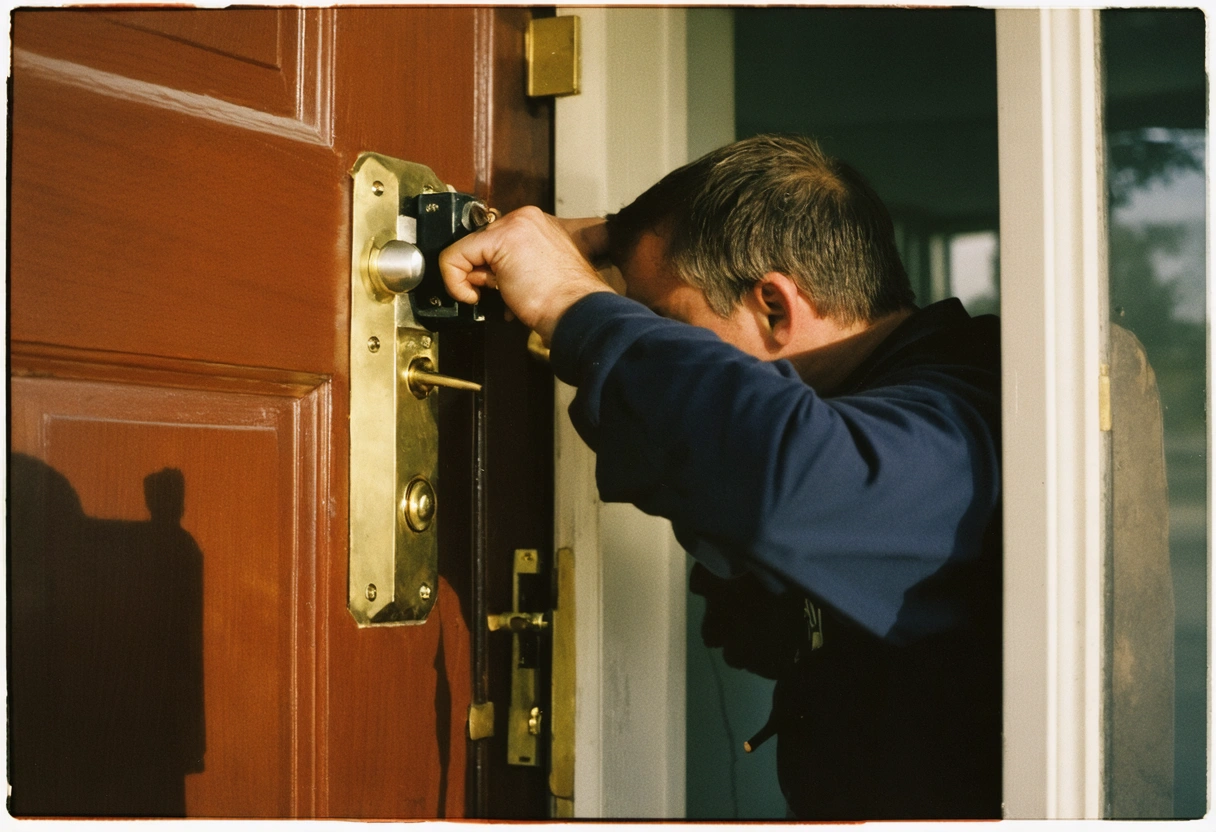 A locksmith performing routine maintenance on a residential door lock. Close-up, focus on lock and
