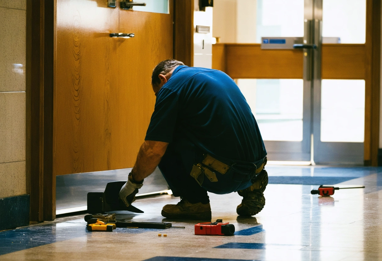 Locksmith repairing door lock in corporate hallway with tools