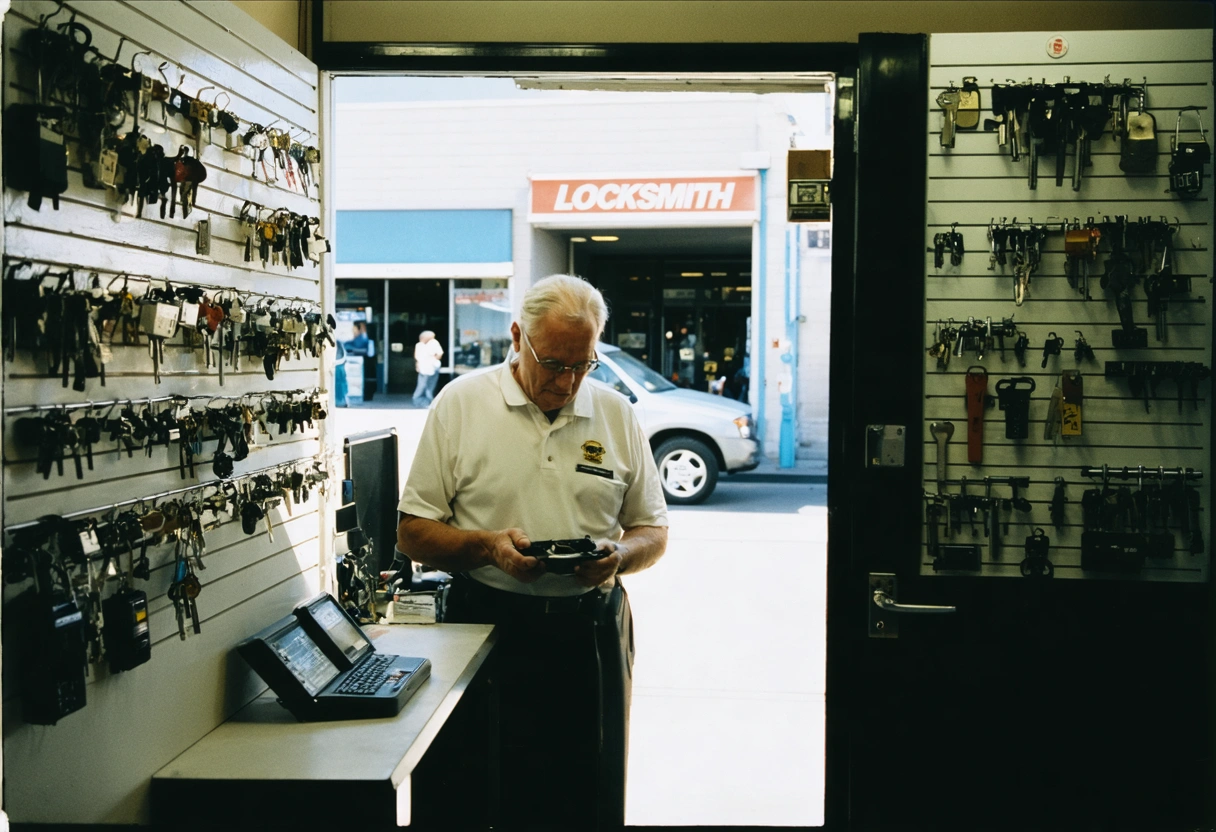 Customer consulting locksmith in shop with key duplication machines