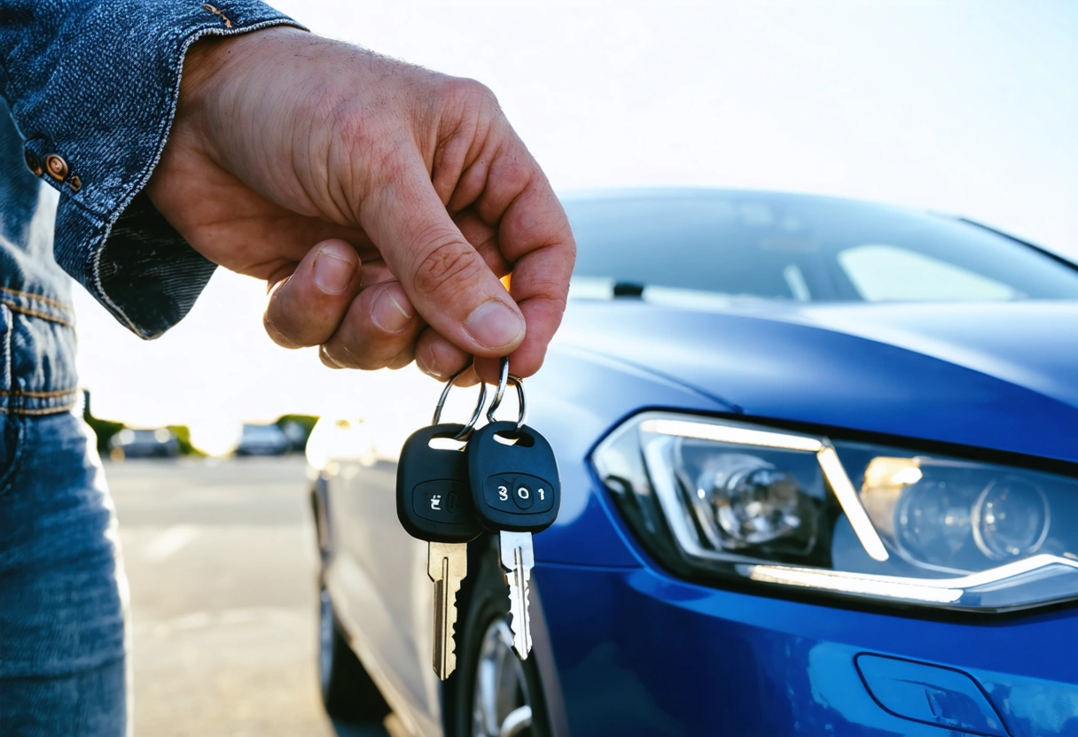 Person holding original and duplicate car keys by parked car