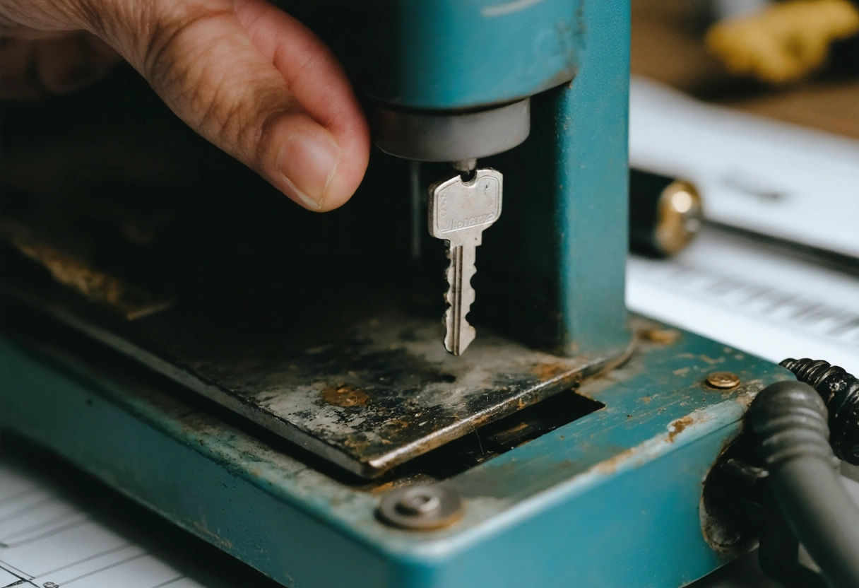Person using key cutting machine at home for DIY duplication