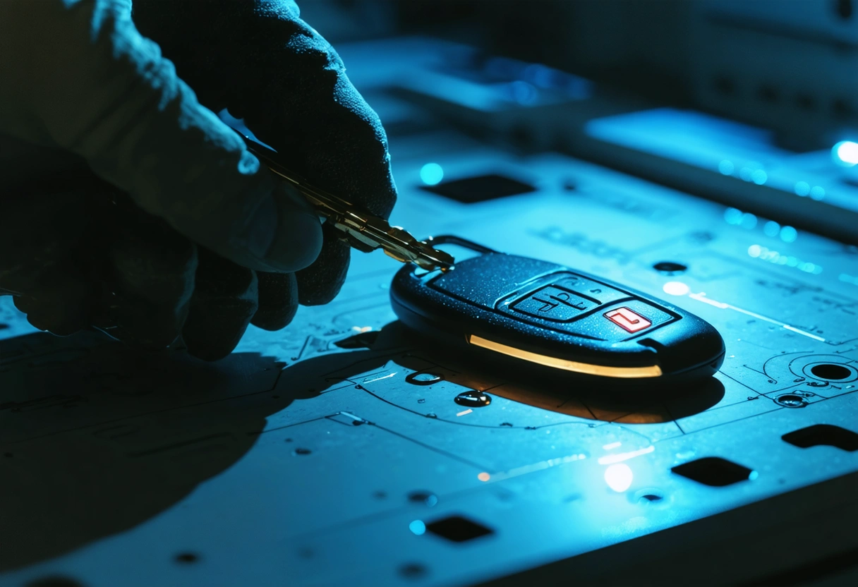 Technician programming smart key in high-tech workshop