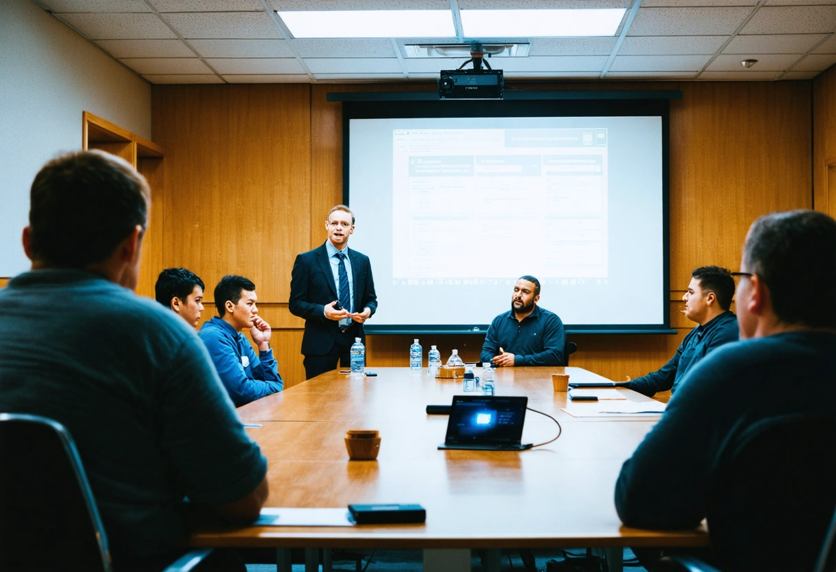 Employees in meeting room receiving security training from specialist
